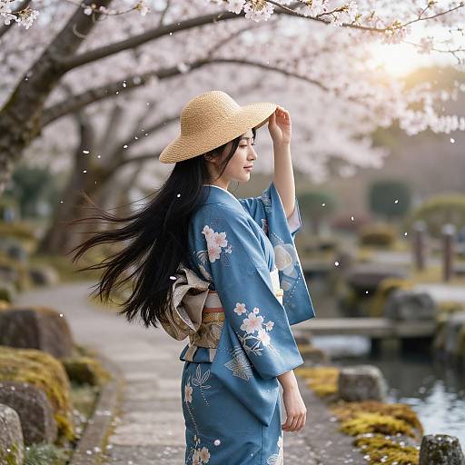 Woman in Kimono with Straw Hat under Cherry Blossoms