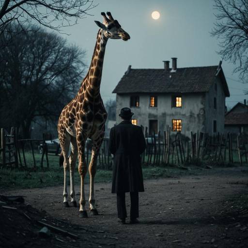 Man and Bipedal Giraffe Under Moonlight