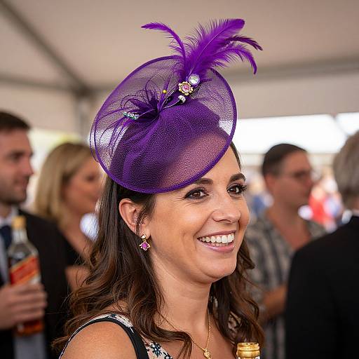 Photograph of a smiling woman with dark brown hair, wearing a purple, mesh fascinator with a purple feather, pink earrings, and a black sequ