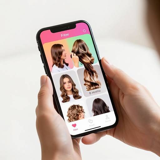 Photograph of hands holding a smartphone displaying a social media app with four profile pictures of women with various hairstyles.