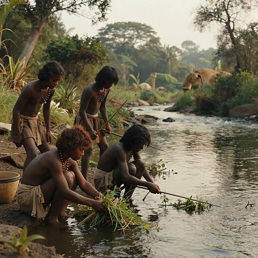 Prehistoric Family Gathering by River