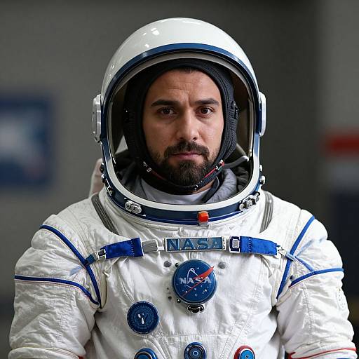 Photograph of a bearded man in a white NASA astronaut suit with a clear helmet, blue straps, and NASA insignia, standing in a blurred