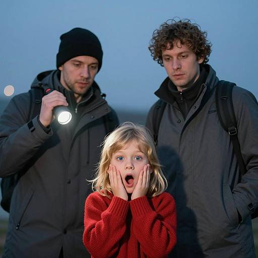 Surprised Child in Red Sweater with Two Men in Winter Clothing