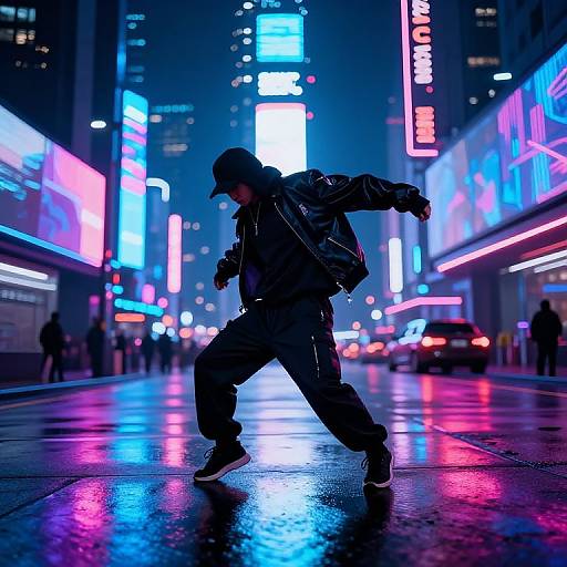 Photograph of a silhouetted male dancer in a black hoodie and cap, mid-motion, on a neon-lit, rain-soaked urban