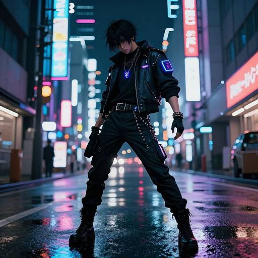 Cyberpunk night scene: Dark-haired man in black leather jacket and pants, neon-lit city street, wet pavement, glowing signs in background.