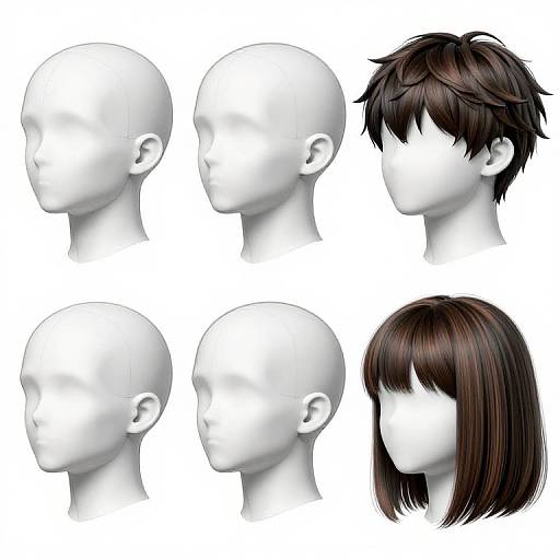Digital illustration of six white, featureless head models showcasing different hairstyles: two bald, two dark short hair, one dark messy, and one straight brown