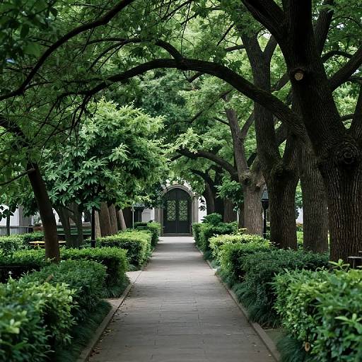 Photograph of a lush, tree-lined pathway with manicured hedges leading to an arched, black wooden gate in a serene garden.