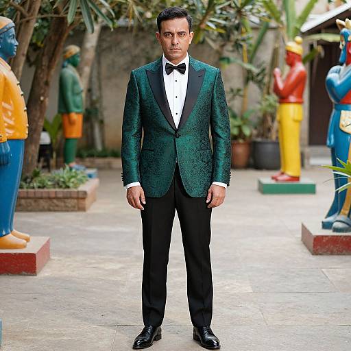 Photograph of a handsome man with short black hair, wearing a dark green velvet tuxedo, black bow tie, and black pants, standing in