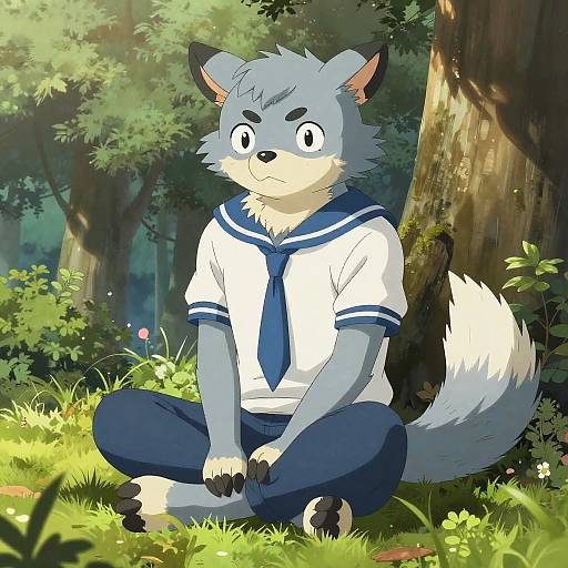Anthropomorphic Wolf in School Uniform Sitting in Forest