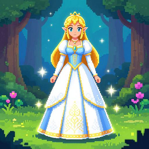 Pixel art of a blonde, blue-eyed elven princess in a white and blue gown with gold trim, standing in a magical forest.