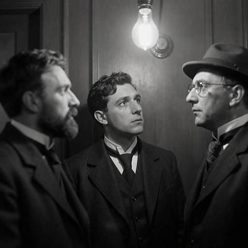 Men in Vintage Attire Gazing at Light Bulb