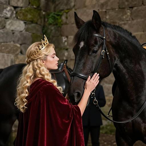 Blonde Woman in Crown with Black Horse