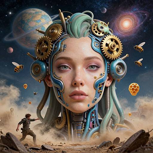 Digital art: Cybernetic woman with teal hair, gears, and bees in space, planets, and dust storm; humanoid robot battles below.