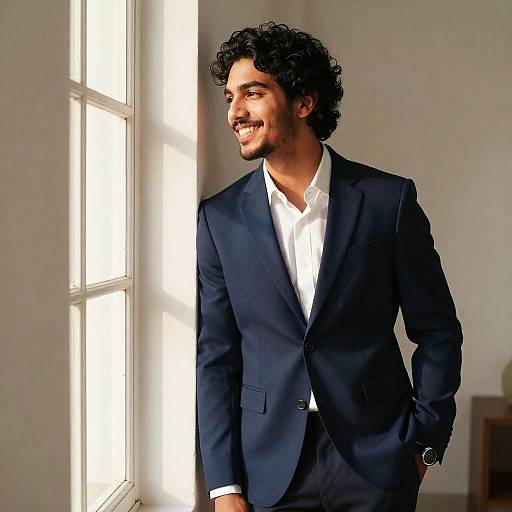 Photograph of a smiling, curly-haired man in a navy suit, white shirt, standing near a bright window, hands in pockets.