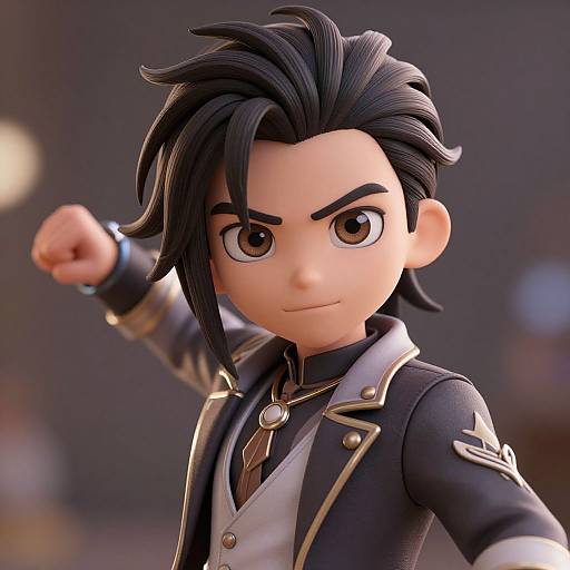 CGI 3D anime-style character with black hair, intense brown eyes, and a confident smirk, wearing a black and white military-style jacket,