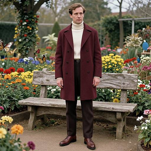 Photograph of a serious man in a maroon coat, white turtleneck, dark pants, standing in a vibrant, flower-filled garden with butterflies