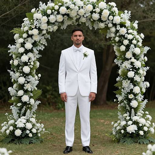 Groom in White Suit by Floral Arch