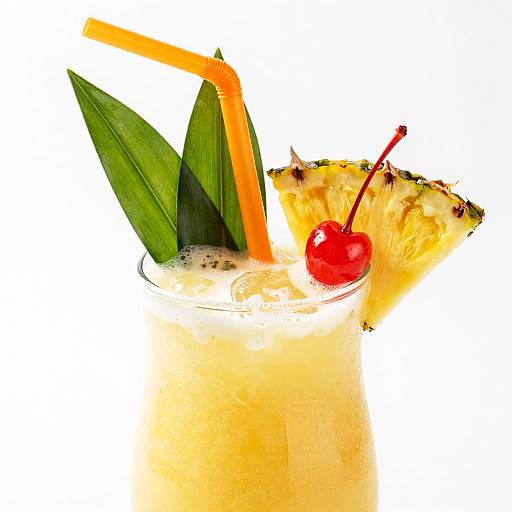 Photograph of a tropical cocktail with ice, green leaves, orange straw, pineapple wedge, cherry, and white background. Bright, refreshing drink.
