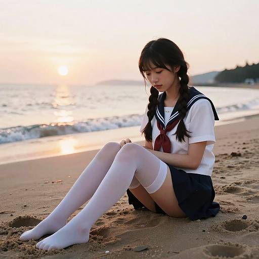 Photorealistic Twin Braid Girl on Beach