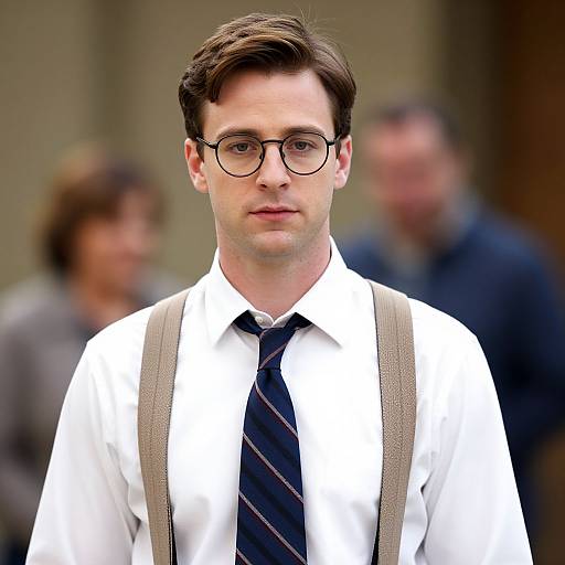 Photograph of a young man with brown hair, round glasses, white shirt, black striped tie, beige suspenders, blurred background, serious expression.