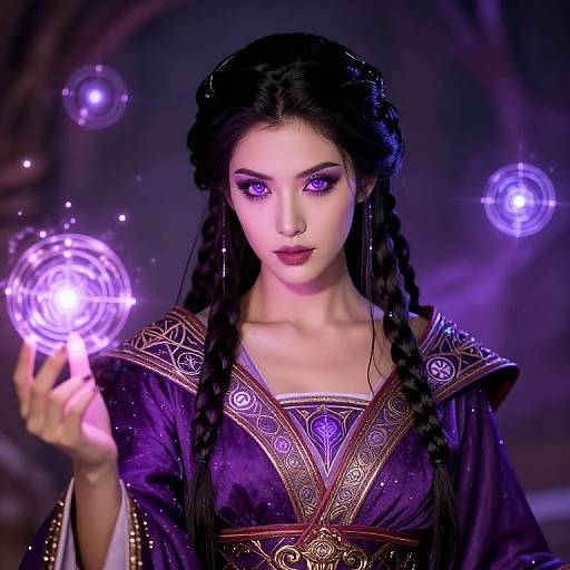 Digital art of a pale-skinned woman with purple eyes and black braids, wearing a purple, gold-embroidered robe, casting a glowing