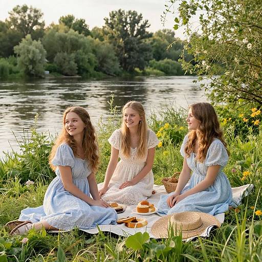 Three young women with long brown hair, wearing light blue dresses, sit on a white blanket by a serene river, smiling at each other, with baskets