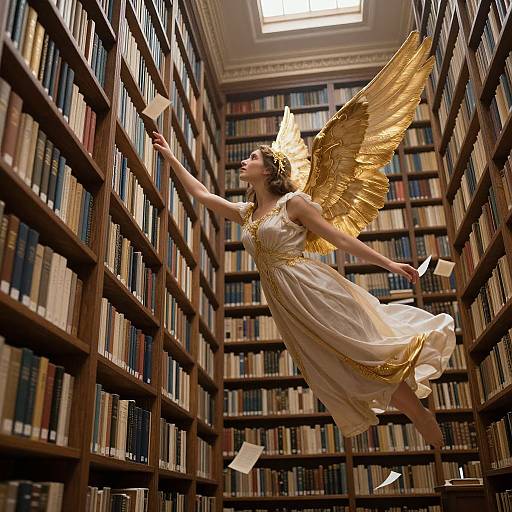 Photograph of a winged woman with golden wings and a white, gold-trimmed dress, flying through a tall library, reaching for books.
