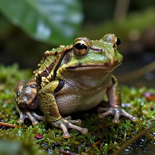 Photograph of a vibrant green frog with large, shiny black eyes, sitting on a lush, mossy forest floor, background blurred with green foliage.