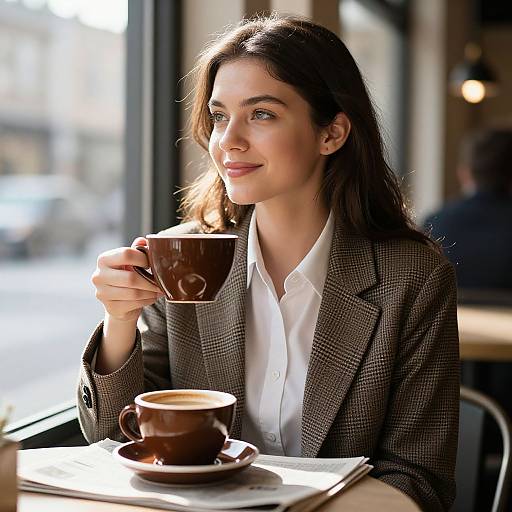Photograph of a smiling young woman with long brown hair, wearing a brown checkered blazer and white shirt, holding a brown coffee cup, sitting