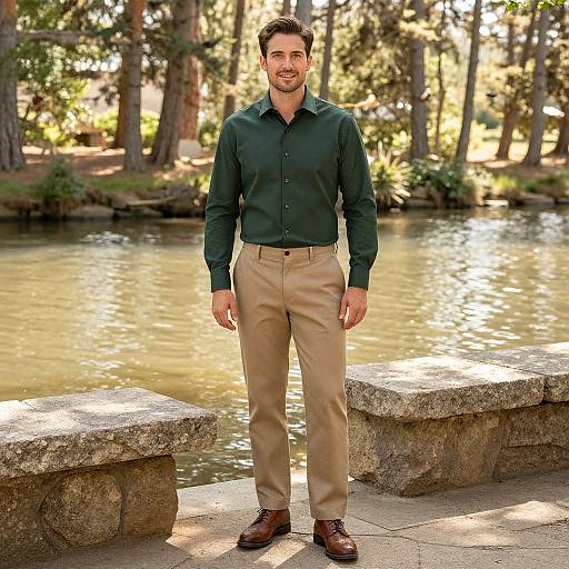 Photograph of a handsome, bearded man with short brown hair, wearing a dark green shirt and beige pants, standing by a serene forest pond with