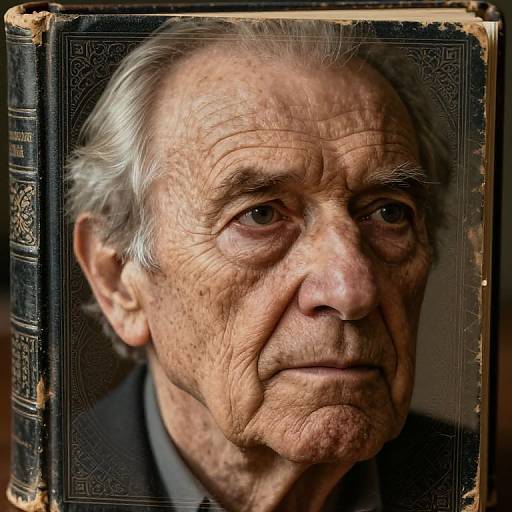 Photograph of an elderly man with wrinkled skin, grey hair, and deep-set eyes, framed by an ornate, worn book cover.
