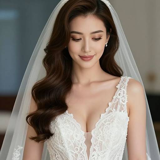 Photograph of a beautiful Asian bride with long, wavy brown hair, wearing a white lace wedding dress and veil, smiling softly with closed eyes.