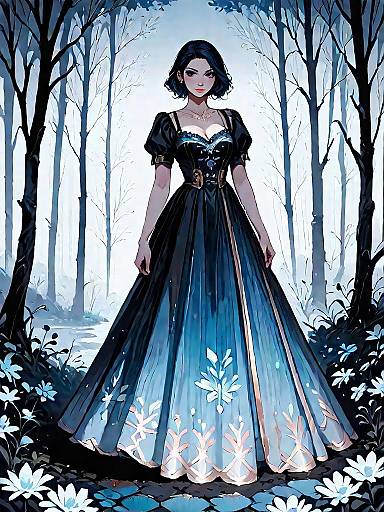 Woman in Dark Fantasy Dress in Foggy Forest