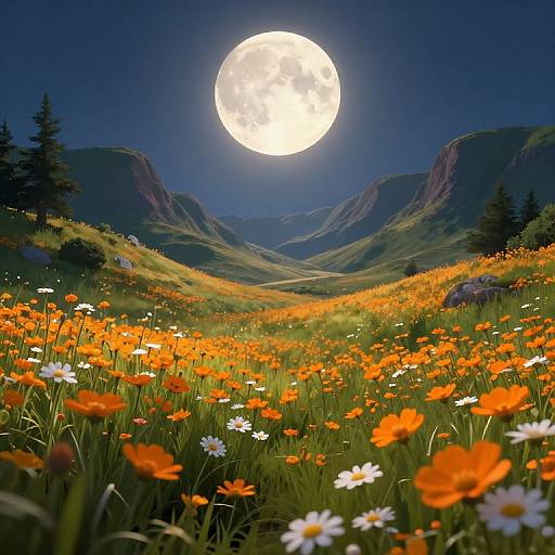Photograph of a moonlit night scene with a full moon illuminating a vibrant field of orange poppies and white daisies, set against a
