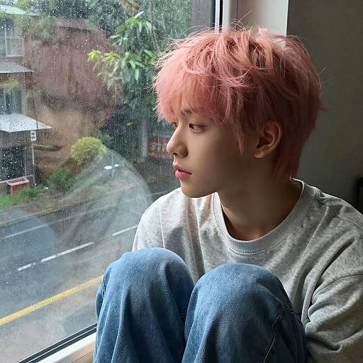 Pink-Haired Boy by Rainy Window