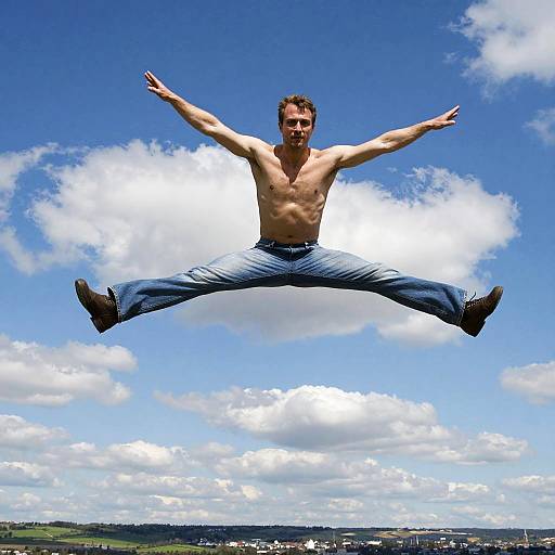 Photograph of a shirtless, muscular man with brown hair, blue jeans, and black shoes, mid-air in a wide-legged jump, against a