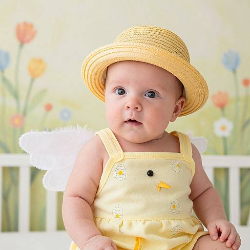 Photograph of a chubby, fair-skinned baby with blue eyes, wearing a yellow sunhat and yellow onesie with flower and bee prints, sitting