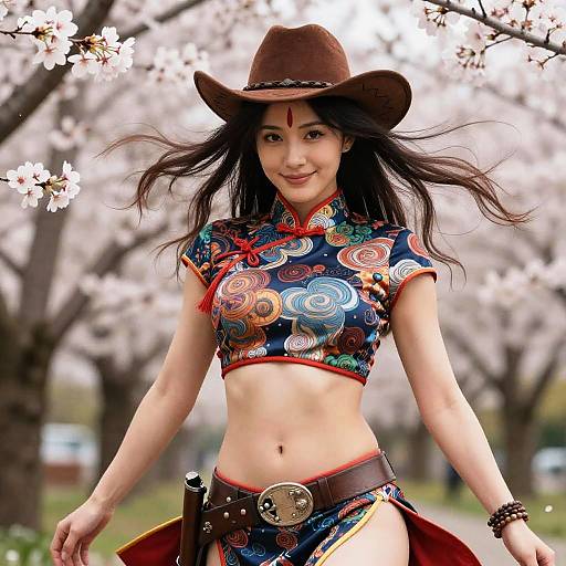 Asian woman in cowboy hat, colorful floral crop top, and matching skirt, with cherry blossom trees in background. Digital art.