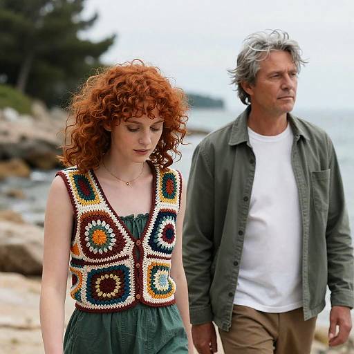 Photograph of a red-haired woman with curly hair in a colorful, patterned top and green dress, walking beside a gray-haired man in a green