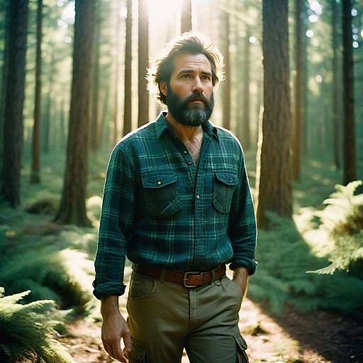 Man in Plaid Shirt Walking in Sunlit Forest