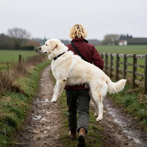 Person Carrying Large White Dog on Muddy Country Path