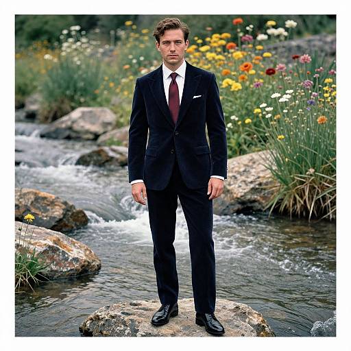 Photograph of a handsome man in a black suit, white shirt, and maroon tie standing on a rock in a colorful, flowing stream with vibrant