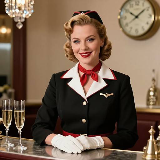 Photograph of a smiling, blonde, 1940s-style flight attendant in black and white uniform with red bow, white gloves, and hat,