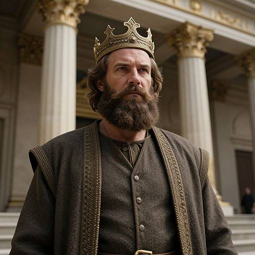 Regal Man with Crown in Front of Ornate Columns