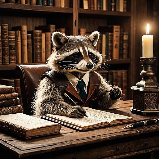 Raccoon Writer in Vintage Study