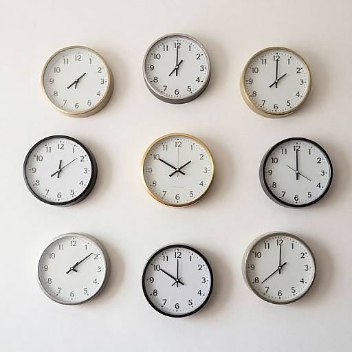 Photograph of nine white analog clocks with black hands and numbers, arranged in a 3x3 grid on a white background. Clocks vary in