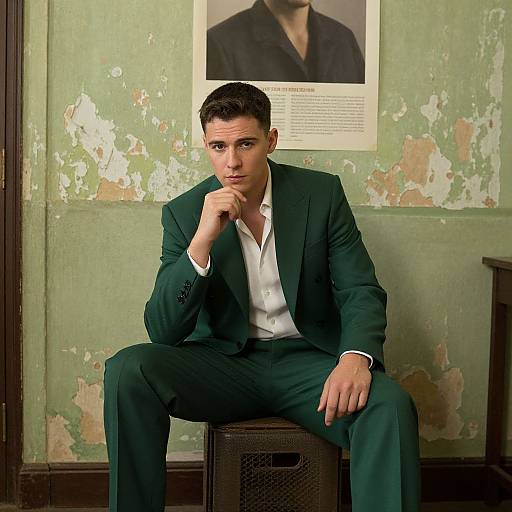 Photograph of a serious, dark-haired man in a green suit, white shirt, sitting on a stool against a peeling green wall, with a
