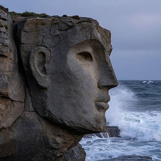 Photograph of a large, carved stone Moai head on a rocky cliffside, with crashing ocean waves and a cloudy sky in the background.