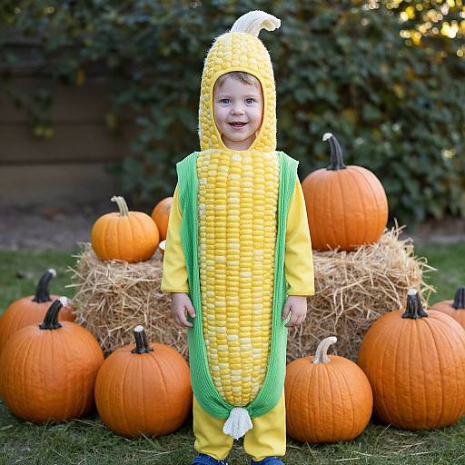 Child in Corn Cob Costume with Pumpkins