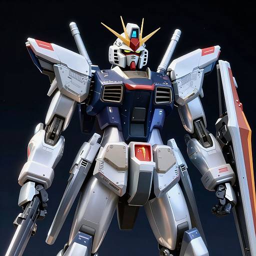 Digital CGI of a large, white, blue, and red Gundam-style mecha with yellow head crest, red eyes, and missile-like weapons on its